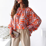 Spring Fashion Print Chiffon Blouse Women  Elegant O Neck Designer Tops Summer Lady Casual Lantern Long Sleeve Loose shirt