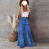 Nukty Summer Long Patchwork Print A-Line Skirt Floral Skirt Women Casual Beach Faldas Female Boho Elastic Waist Holiday Maxi Skirts
