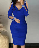Nukty Autumn Sexy Elegant Off Shoulder Party Tight Dress Women Fashion V-Neck Hollow Out Diamond Long Sleeve Stacked Slim Dress Women