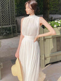 Nukty Summer White France Vintage Dress Women Chiffon Elegant Evening Party Long Dress Ladies Casual Korean Style One-piece Dress