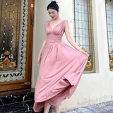 Nukty France Vintage Elegant Party Long Dress Ladies Pink Summer Sexy Beach Boho Dress Women Backless Casual Retro Korean Style Dress