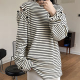 Nukty Spring And Autumn Women's Casual Striped Sweatshirt Round Neck Long-sleeved Off-the-shoulder Loose Sweater