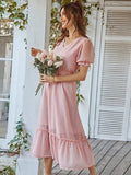 New Spring Summer Elegnat V Neck Solid Color Short Sleeve Jacquard High Waist Long Dress For Women's Chic A Line Dress