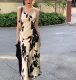 Nukty Vintage Elegant Print Spaghetti Strap Midi Dress for Women Party Fashion One Piece Bodycon Prom Robe Vestidos Summer Korean