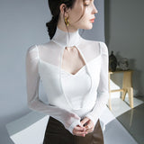 Nukty Solid Sexy Long Sleeve Mesh Tshirt Women Fashion Patchwork Black Top T Shirt Autumn Winter Ladies Hollow Out Tee Shirt