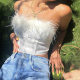 Nukty Women Tube Tops Solid Color Feather Furry Trim Sleeveless Off Shoulder Backless Back Zipper Slim Fit Crop Tops
