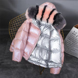 Nukty Gold Silver Double Side Down Coat Winter Jacket Women Big Aritificial Fur White Duck Down Parkas Female Down Outerwear