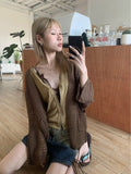 Nukty Harajuku Knitted Cardigan Women Vintage Hollow Out Oversized Sweater Korean Fashion Loose Casual Long Sleeve Thin Tops