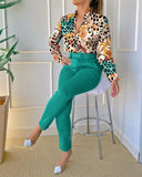 Nukty Elegant Two Piece Sets Womens Outifits Vintage Officee Lady Baroque Print Button Long Sleeve Top & Work Pants Set With Belt