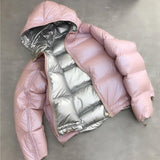 Nukty Gold Silver Double Side Down Coat Winter Jacket Women Big Aritificial Fur White Duck Down Parkas Female Down Outerwear