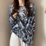 Nukty Tie Dye Long Sleeve T-shirts Women Breathable Summer O-neck Design Mesh Sun-proof Loose Tshirts Korean Style All-match Tops Chic