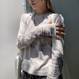 Vintage Women Clothes Y2K T-shirts Blusas O-neck Long Sleeve Print Tunic Grunge Woman Clothing Fashion Casual Crop Tops