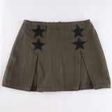 Nukty Women Y2K Grunge Denim Skirt with Star Pattern Patchwork Summer Zipper High Waist Pleated A-line Mini Skirts Fashion Clothes