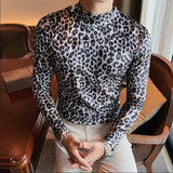 Nukty Flannel T-shirt Winter Men High Collar Pullover Fashion Leopard Slim Fit T-shirt Long Sleeved Velvet Casual Bottoming Shirt