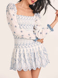 Nukty Spring Summer Vintage New Fashion Women Embroidered Elastic Square Neck Puff Long Sleeve Short Mini Dress