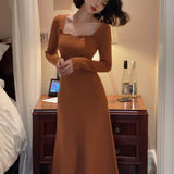 Nukty Knitted France Vintage Party Women Dresses Long Evening Elegant Dress Ladies Casual Chic One Piece Korea Autumn Winter New