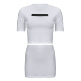 Fashion O Neck Short Sleeve White Crop Top + Bodycon Mini Skirt Hot Girls Suit Casual Solid Color Print Club Streetwear