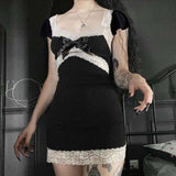 2000s Aesthetic Goth Dress y2k Women Fairy Grunge Lace V Neck Mini Dress with Bow E Girl Punk Dark Academia Clothes Streetwear