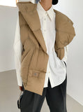 Autumn Winter Down Vest Hooded Waistcoat Khaki Down Sleeveless Jacket Warm Streetwear Pockets Oversize Puffer Coat Outwear