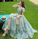 Nukty Vintage Floral Evening Midi Maxi Dresses for Women Elegant Casual Party Prom Green Holiday Princess Fairy Long Dress Summer