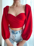 Summer New Women's Crossover Long-sleeved Sexy French Top Women's Square Neck Low-cut Navel-like Temperament Women's Clothing