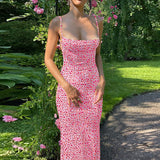 Nukty Flower Print Slip Sleeveless Backless Slim Sexy Maxi Dress Spring Women Elegant Streetwear Party Clothing Concise