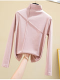 Nukty Long Sleeve Thick T Shirt Women Winter Tops Turtleneck Warm T-Shirt Korean Cotton Tshirt Woman Tee Shirt Femme Pink Blue