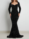 Nukty Long Sleeve Padded Sequin Maxi Dress Floor Length Sparkles Stretch V Neck Mermaid Formal Evening Night Party Gown Grey Black Red