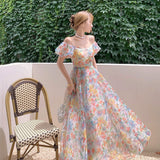 Nukty Women's Skirts Long Dress Fairy Dress French Puff Sleeve Floral Dress Sweet Gauze Bandage Beach Dress Birthday Dress for Women