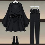 Nukty Autumn Office Ladies Elegant 2 Piece Sets Women Korean FashionTurn-down Iantern Long Sleeve Trench Coat And Bodycon Pants Sets