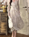 Nukty French Style Floral Dress for Women V Neck Long Sleeve Mini Dress Elegant Chic Sweet Asymmetrical Midi Sexy Dress