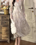 Nukty French Style Floral Dress for Women V Neck Long Sleeve Mini Dress Elegant Chic Sweet Asymmetrical Midi Sexy Dress
