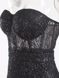 Nukty Off Shoulder Sparkle Glitters Floor Length Split Party Maxi Dress Full Lining Padded Backless Long Black Dress