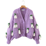 Winter Women's Cardigans Multicolor Floral Knitted Decoration Long Sleeve Loose Coats Warm Sweaters 3 Colors