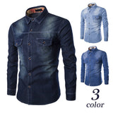 Nukty Fashion Mens Denim Shirt Long Sleeve Plus Size Cotton Jeans Cardigan Casual Slim Fit Shirts Men Two-pocket Tops Clothing M-6XL