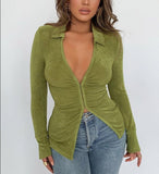Nukty Ruched Long Sleeve Shirt Women Elegant Fashion Woman Blouses Autumn Winter Casual Long Shirt White Green Blouse Top