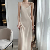 Nukty Tri-Acetate Satin Silky V-Neck Temperament Female Summer Beautiful Silk Suspender Dress New Long Skirt Is Thin