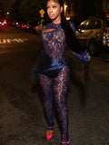 Nukty Y2K Neon Sexy Hollow Out See Through Long Sleeve Jumpsuits Women Summer Skinny Club Romper High Street Outfits