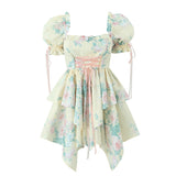 Nukty Women Summer Fashion Sweet Floral Print Mini Dress Vintage Square Collar Chic Wood Ear Princess Dresses