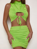Nukty 2 PCS Sexy Ruffle Mini Dress Set Green Top Autumn Summer Skirts Suits Bodycon Women Party Tight Short Dress Suit