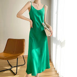 Nukty Tri-Acetate Satin Silky V-Neck Temperament Female Summer Beautiful Silk Suspender Dress New Long Skirt Is Thin