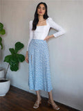 Nukty High Waist Split Out Floral Mid Skirt Women Sexy Vintage Boho A-line Skirts Slim Party Streetwear Holiday Beachwear