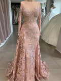 Nukty Luxury Lace Mermaid Prom Dresses Long Sleeves Sheer Neck Formal Evening Dresses Prom  Dresses For Girls Robe De Soir¨¦e