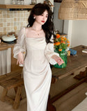 Nukty Autumn Solid Elegant Fairy Dresses Women Casual Party Fashion Korean One Piece Dress Female Lace Vintage Chic Midi Dresses