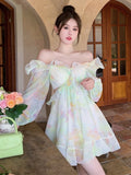 Nukty France Sweet Tie-dyed Fairy Dress Women Elegant Chic Ruffles V-Neck Long Sleeve Princess Dresses Female Casual Beach Vestidos