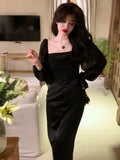 Nukty Autumn Solid Elegant Fairy Dresses Women Casual Party Fashion Korean One Piece Dress Female Lace Vintage Chic Midi Dresses