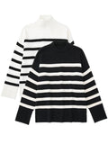 Nukty Casual Knitted Sweater Autumn Femme Vintage V Neck Striped Loose Elegant Pullover Chic Jumper Women's Long Sleeve Top
