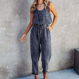 Nukty Fashion Office Long Pant Overalls Summer Sleeveless Button Pocket Denim Jumpsuit Female Casual Drawstring Waist One-Piece Romper
