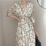 Nukty Vintage Korea Fashion Clothing Summer Slim Elastic Waist A Line V Neck Elegant Office Lady Floral Chic Chiffon Long Dress Retro
