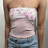 Nukty Women Y2k Crop Top Ruffle Frill Camisole Cute Bow Floral Print Strapless Tank Aesthetic Fairy Grunge Tube Top 2000s Clubwear